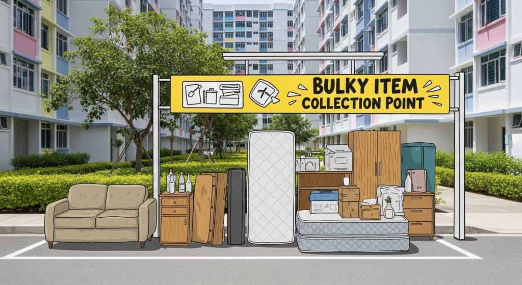 Bulky item collection point sign next to discarded household furniture including a sofa, mattress, and wooden wardrobe.