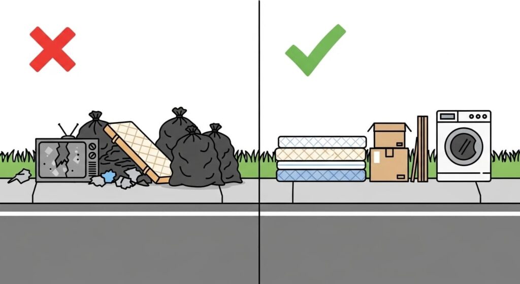 Bulky item disposal guide showing 'Wrong' way (dumped trash and broken TV) versus 'Right' way (neatly stacked mattresses and washing machine)