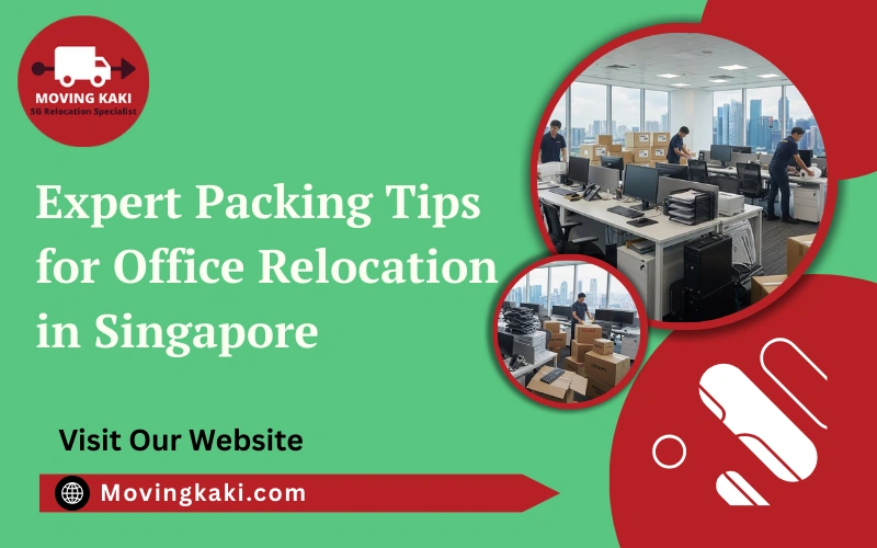 Packing tips for office relocation in Singapore with organised boxes and furniture
