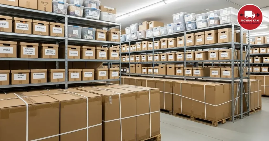 Organised storage unit with labelled boxes stacked strategically for easy access