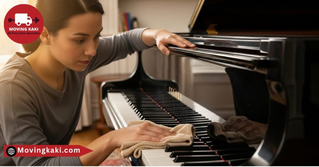Cleaning a piano before wrapping for moving