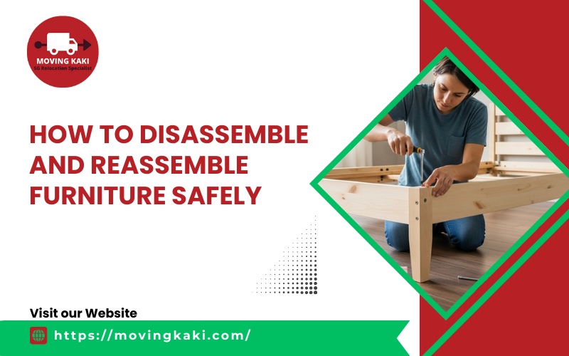 Person safely disassembling furniture using tools and organised screws during home moving