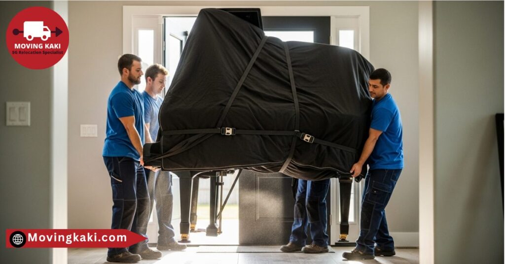 Professional piano movers transporting a piano safely