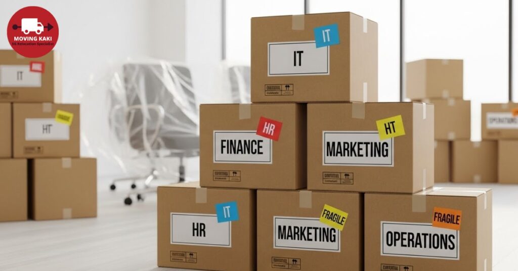 Labelled boxes organised by department during office relocation