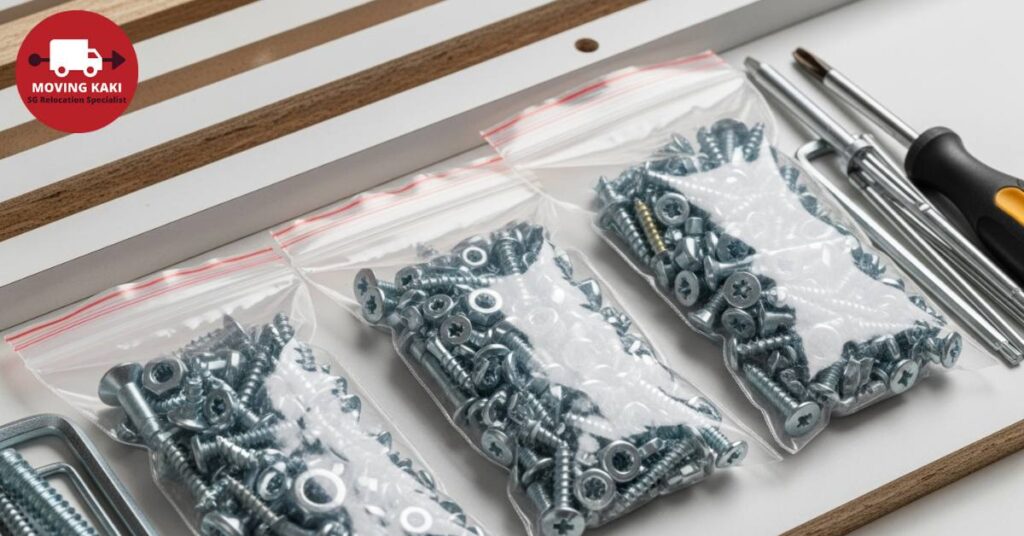 Labelled zip bags used to organise furniture screws and small parts
