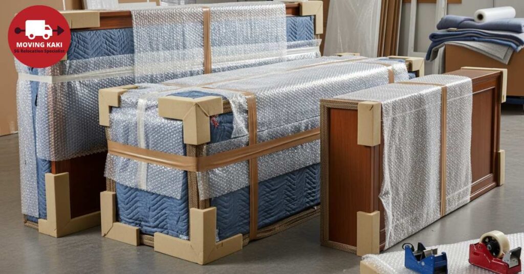 Disassembled furniture parts wrapped with blankets and bubble wrap for moving