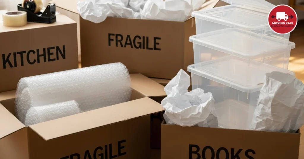 Sturdy boxes, bubble wrap, and packing paper for safely storing items in a storage unit