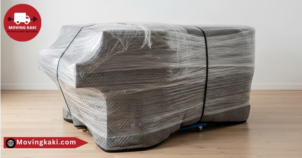 Protecting a piano with moving blankets before transport