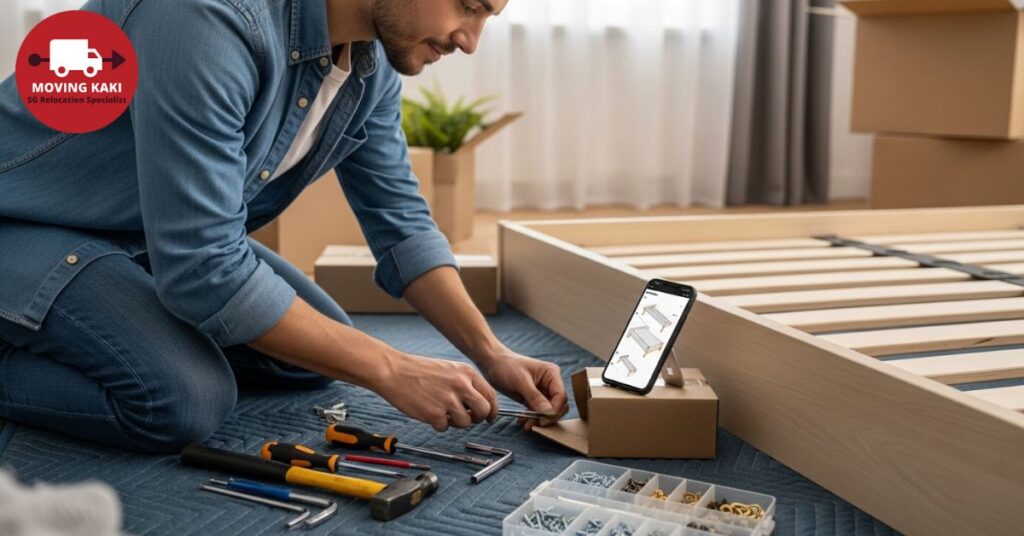 Reassembling furniture carefully using tools and reference instructions