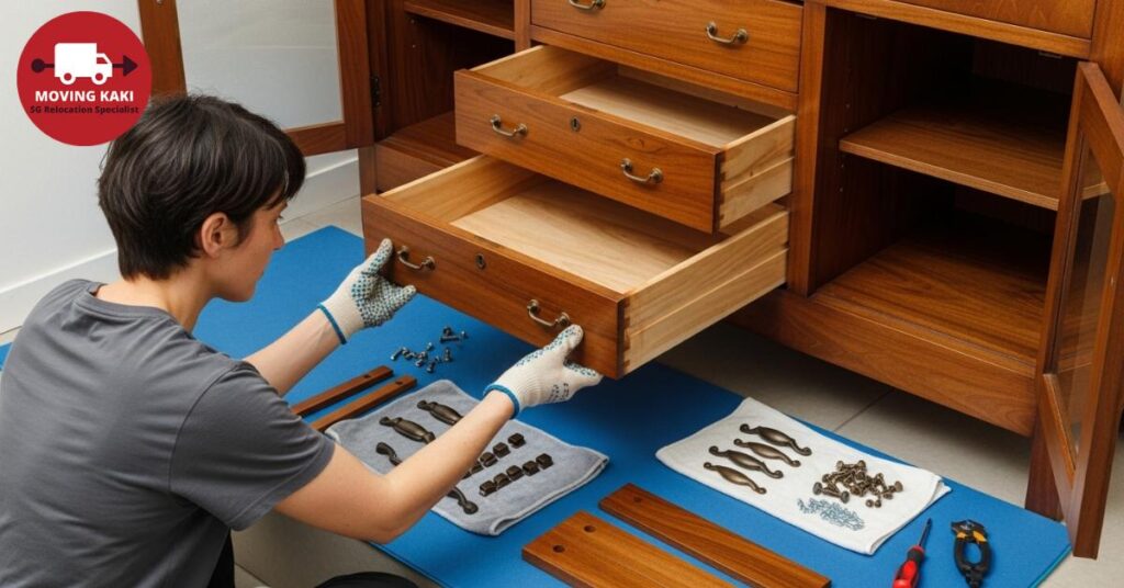 Removing drawers and shelves before disassembling furniture safely