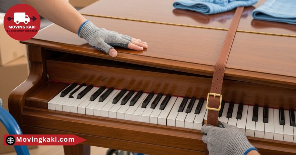 Securing the piano keyboard and lid before moving