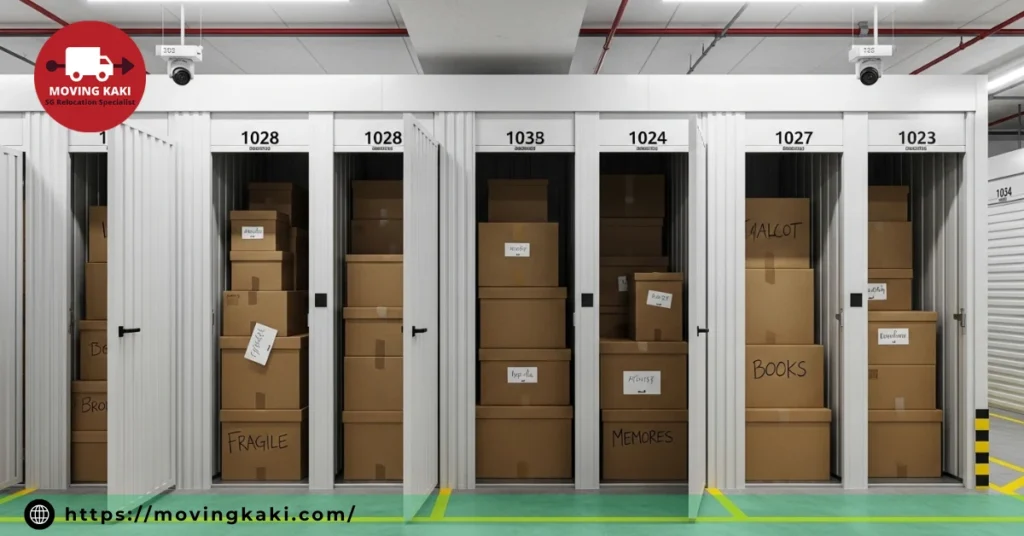 Self-storage units in Singapore with organized boxes and secure storage facility