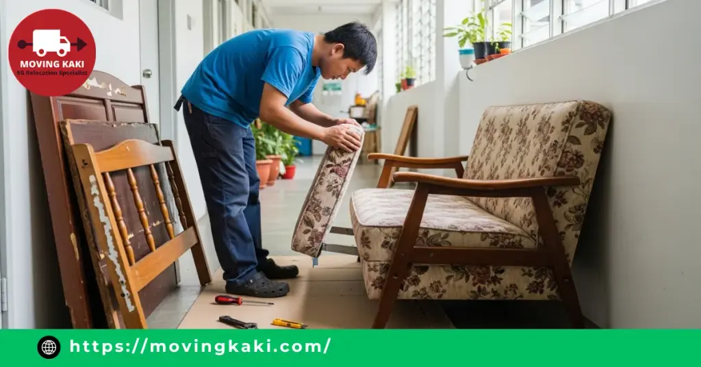 Worker disassembling worn sofa, bed frame, and wardrobe for easier bulky item disposal in Singapore