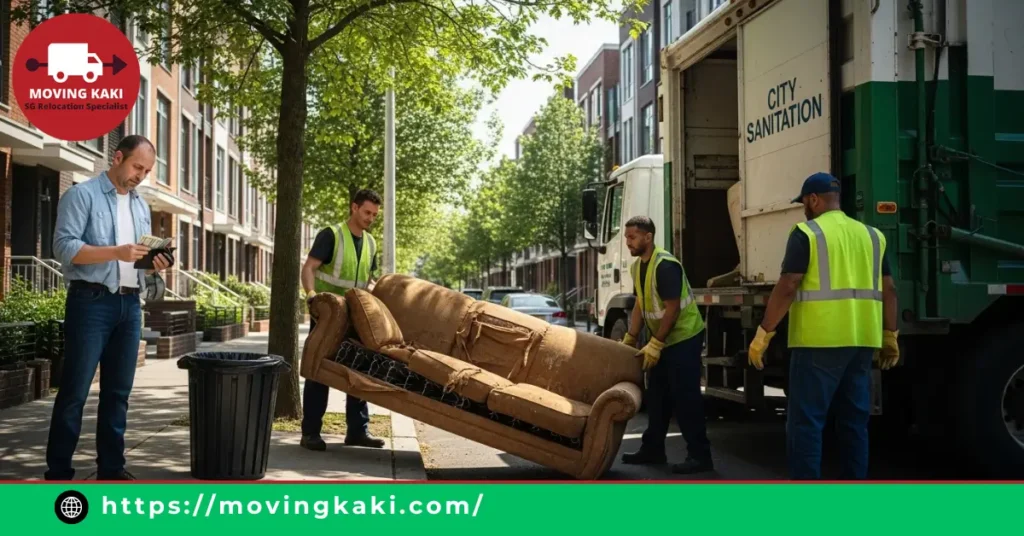 Old couch pickup service representing furniture disposal cost in Singapore