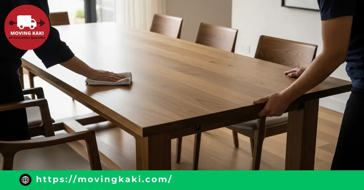 A person wiping down a wooden dining table surface to clean it before learning how to pack a dining table for moving.