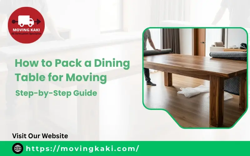 A professional mover wrapping a wooden dining table with moving blankets, illustrating how to pack a dining table for moving.
