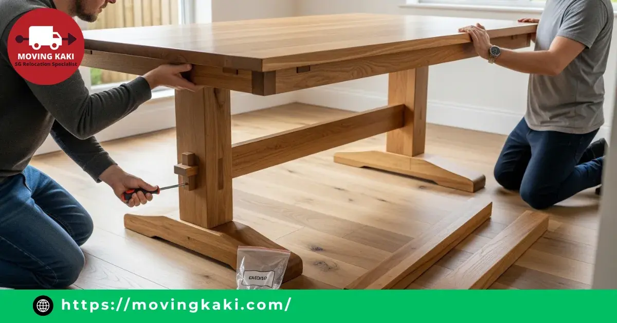 Removing legs and parts from a dining table with a screwdriver to make the dining table moving process easier and safer.