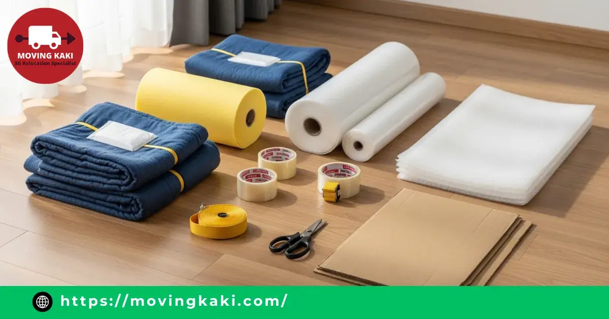 Essential packing supplies including moving blankets, bubble wrap, and tape for learning how to pack a dining table for moving.