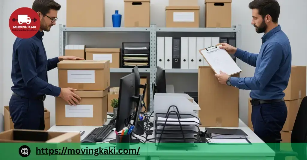 Staff completing an inventory checklist to use storage units during office relocation for an organised workspace transition