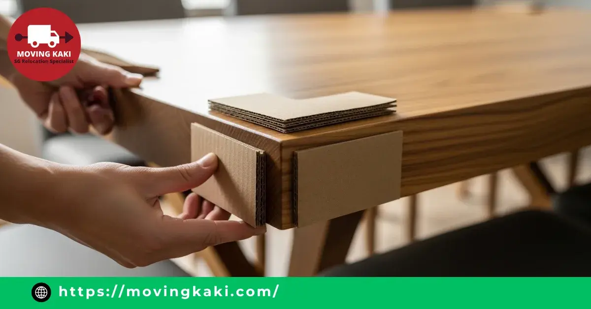 Securing dining table corners with protective cardboard for a safe dining table moving experience.