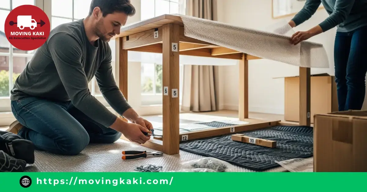 Unpacking and setting up the table using the same careful steps learned in how to pack a dining table for moving.