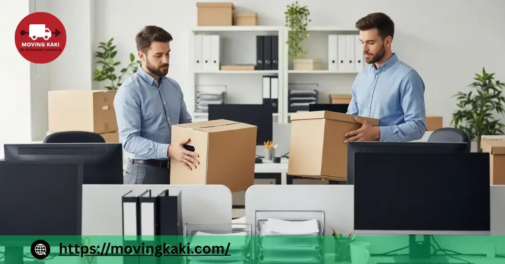 Office staff sorting inventory to use storage units during office relocation, helping to declutter the workspace before moving day