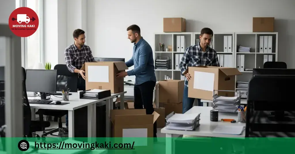 Staff clearing workspace to use storage units during office relocation, managing cardboard boxes for an early move phase