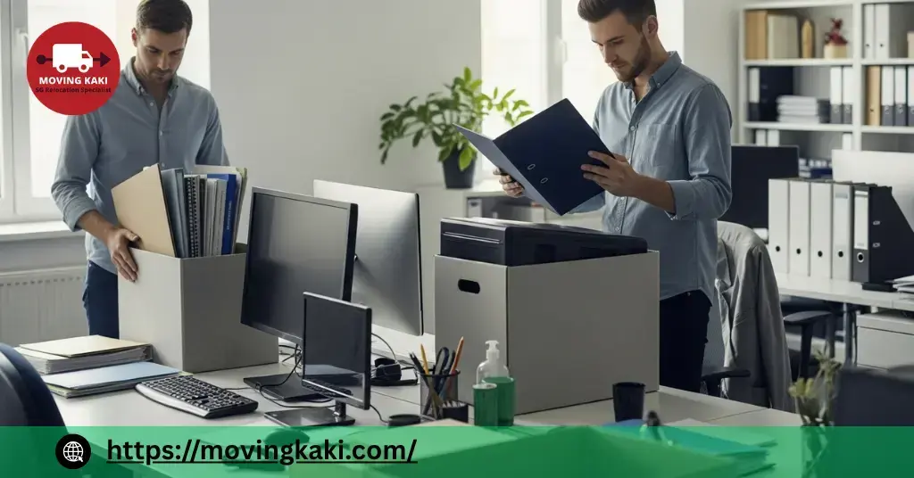 Staff creating inventory lists to use storage units during office relocation, ensuring every box is labelled and tracked