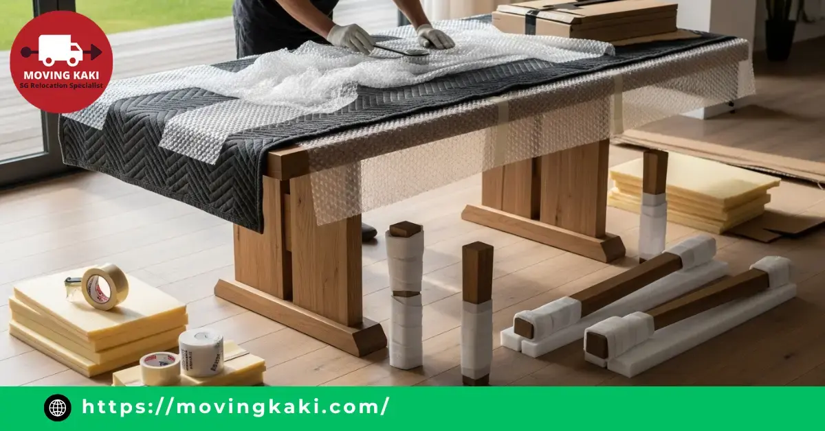 Protecting the tabletop and legs with foam and blankets to prevent scratches during the dining table moving process.