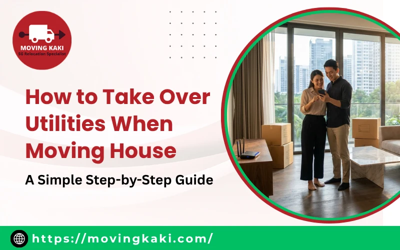 A couple learning how to take over utilities when moving house in Singapore using a smartphone