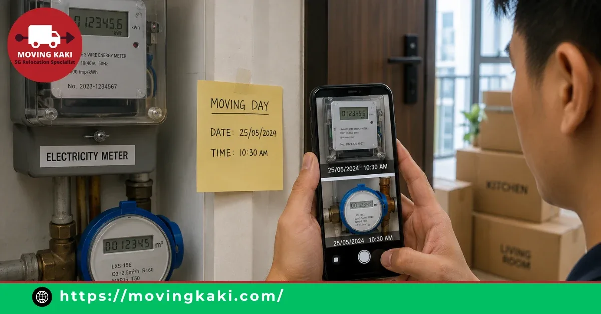 Person taking photos of electricity and water meter readings on a smartphone with a moving day note on the wall