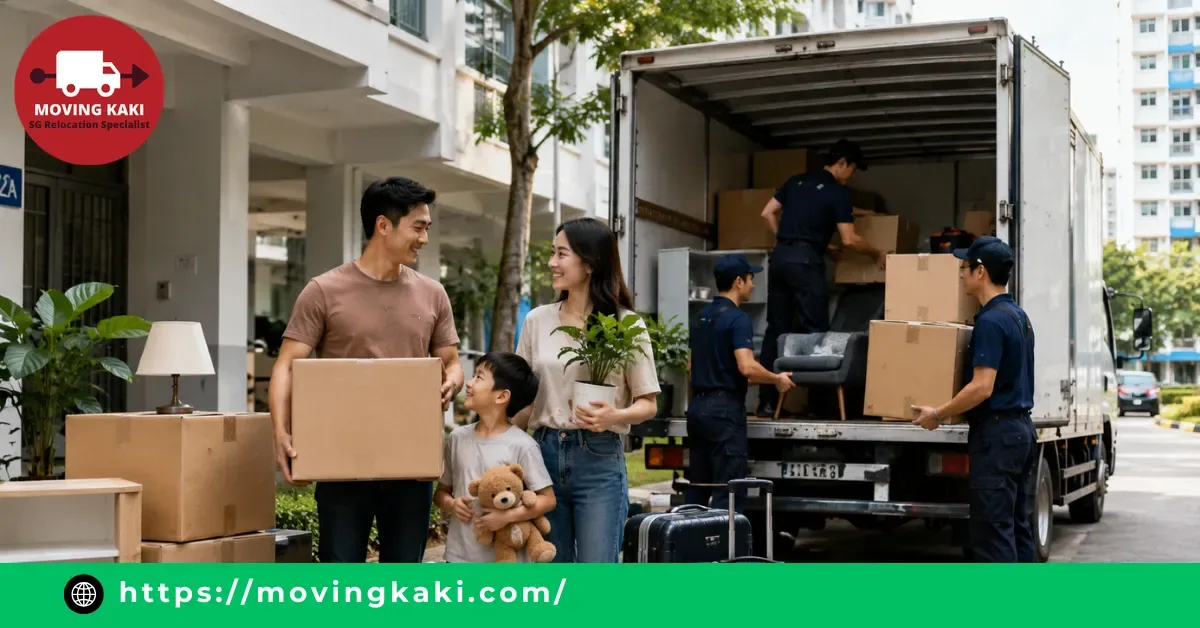 House movers in Singapore loading boxes and furniture into a truck next to a happy family standing outside an HDB building