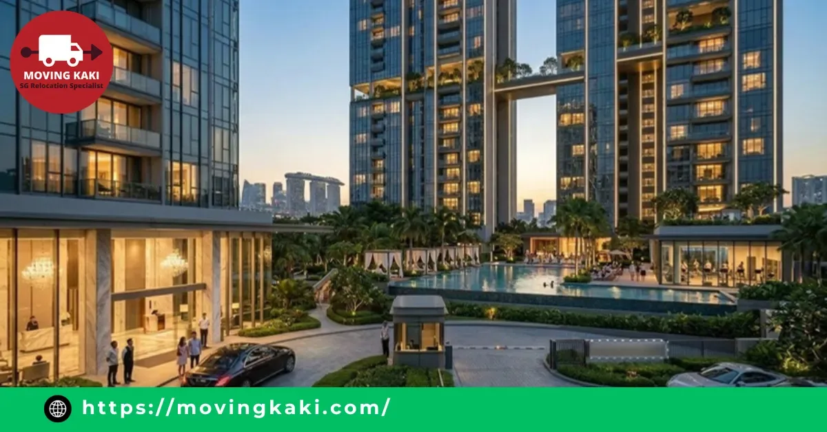 A luxury private residential property with a swimming pool and security guardhouse showcasing what is a condo in Singapore
