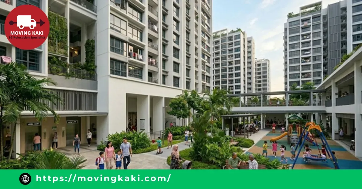 A modern residential neighborhood courtyard showing what is an HDB flat housing estate with a playground and residents in Singapore