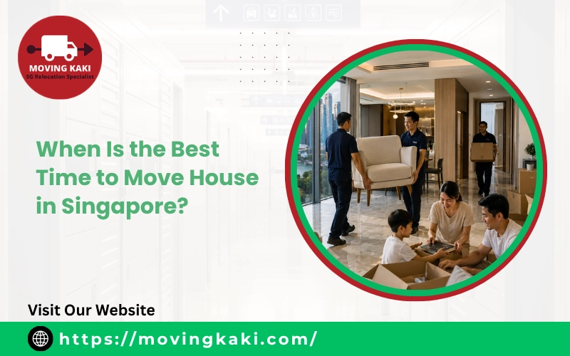 House movers in Singapore carrying a sofa armchair into an apartment next to text asking when is the best time to move house in Singapore