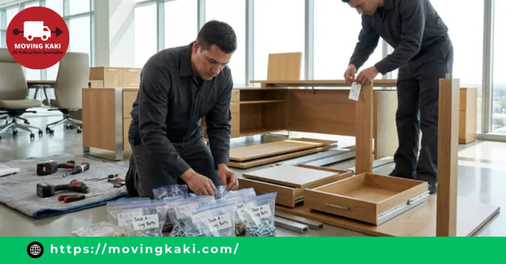 Professional movers carefully disassembling office desk and labeling hardware components in plastic bags to ensure organized furniture relocation.