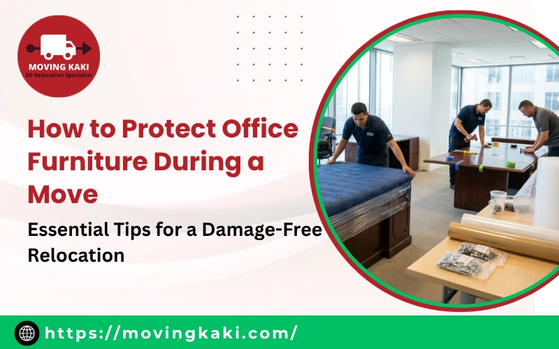 A team of movers demonstrating how to protect office furniture during a move with proper packing materials and careful handling techniques.