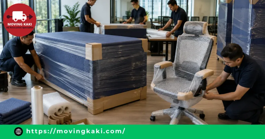 Professional movers carefully wrapping office furniture with protective blankets, bubble wrap, and stretch film for secure relocation.