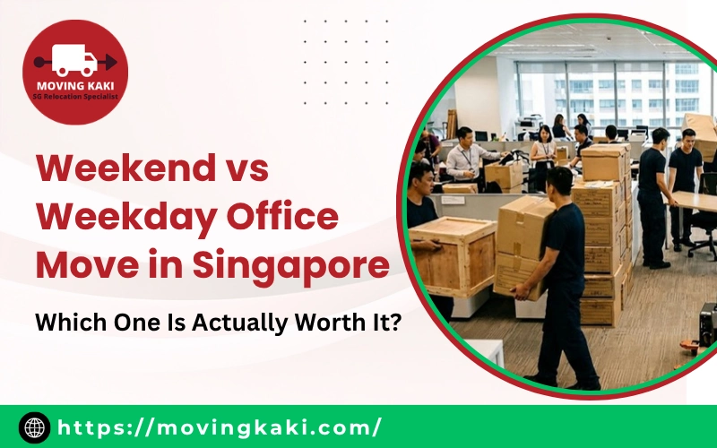 Weekend vs weekday office move in Singapore - movers carrying boxes in an office relocation