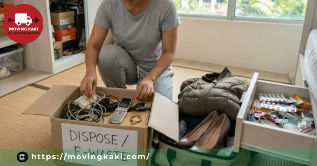 Person sorting clothes, electronics, and old medication into a dispose box for moving house in Singapore