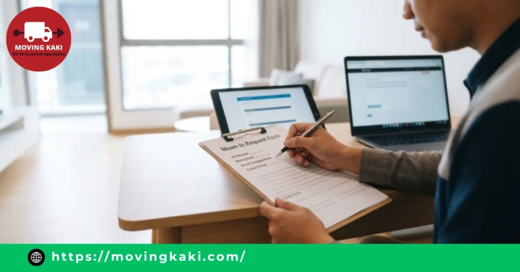 Person filling out a move-in request form on a clipboard, with a laptop and tablet nearby, for condo move-in approval in Singapore