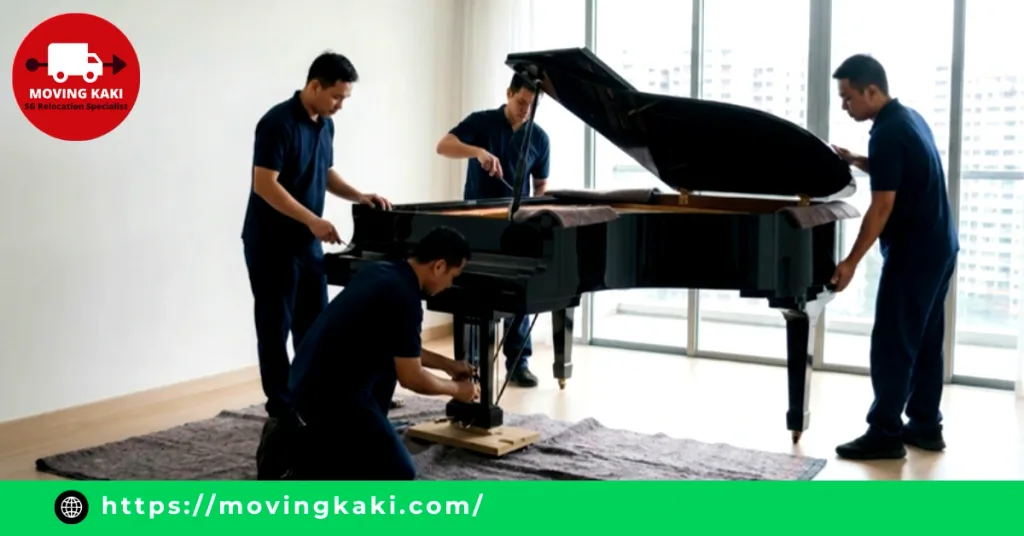 Professional team carefully reassembling a grand piano at the new location, ensuring safe and precise grand piano moving results.