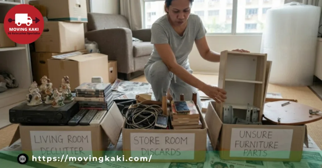 Person sorting living room decor, old electronics, and store room furniture parts into boxes before moving house.