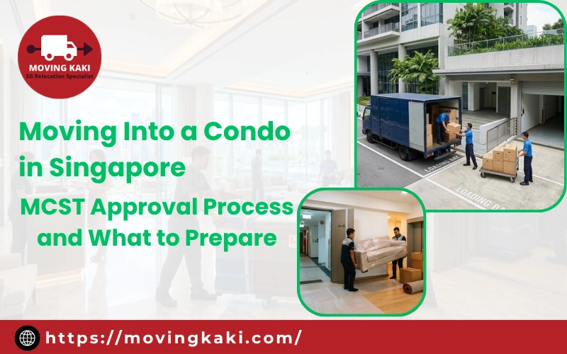 Movers loading a truck and carrying a sofa in a condo lobby, illustrating the MCST approval process for Moving Into a Condo in Singapore
