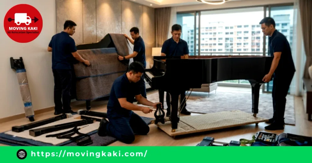 Professional movers carefully disassembling a grand piano, removing the legs and padding the body for secure grand piano moving.