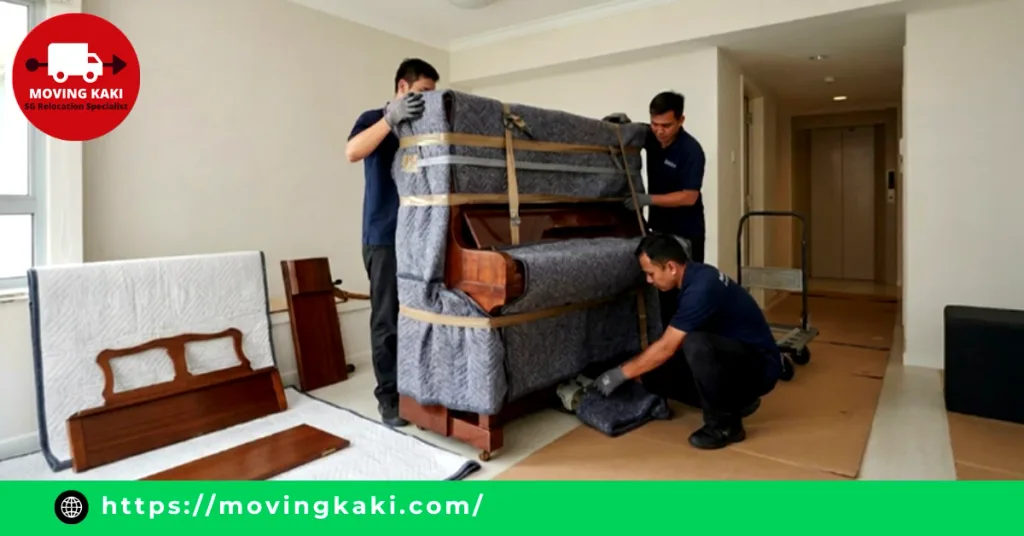 Professional movers wrapping an upright piano in thick blankets for protection, ensuring safe upright piano moving and careful prep.