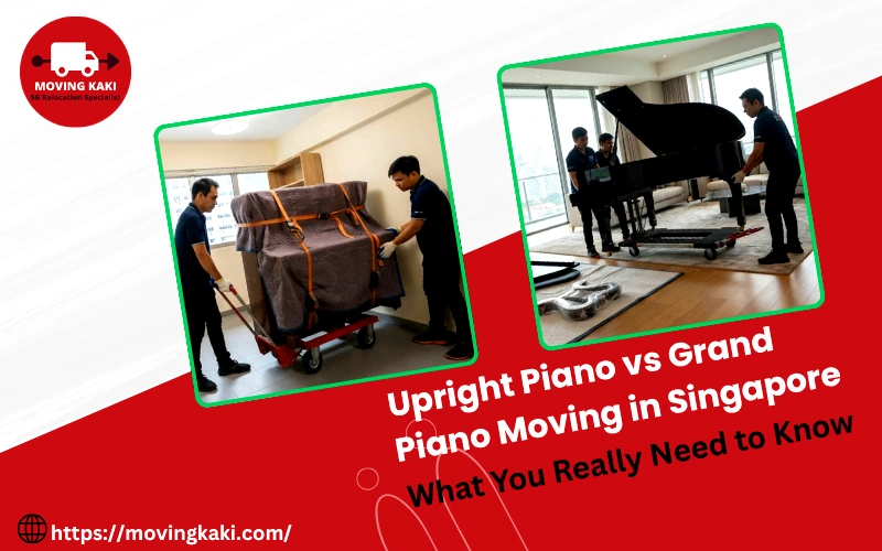 Professional movers carefully handling an upright piano vs grand piano for transport, highlighting the different techniques for moving a grand piano versus an upright piano in Singapore.