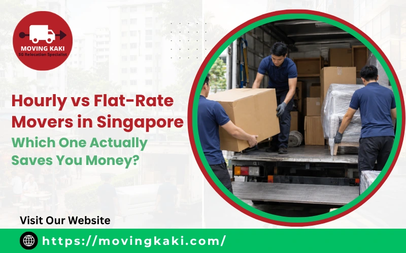 Movers loading household items into a truck in Singapore, illustrating the choice between hourly vs flat-rate movers.