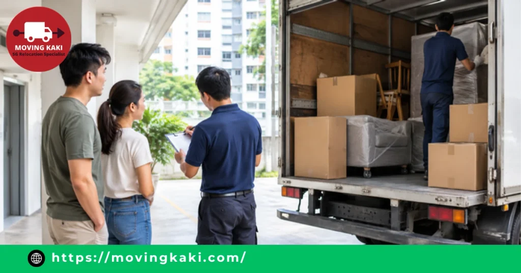 Local site survey showing truck load capacity and space breakdown by hourly vs flat-rate movers under an HDB void deck.