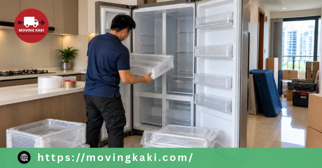 Homeowner preparing an empty refrigerator for moving in a Singapore apartment